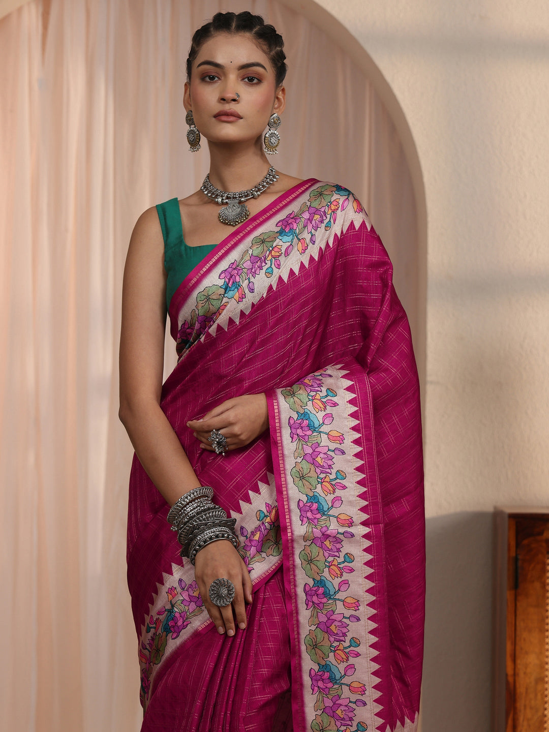  Libas Mauve Woven Design Silk Blend Tassel Saree with Floral Border 