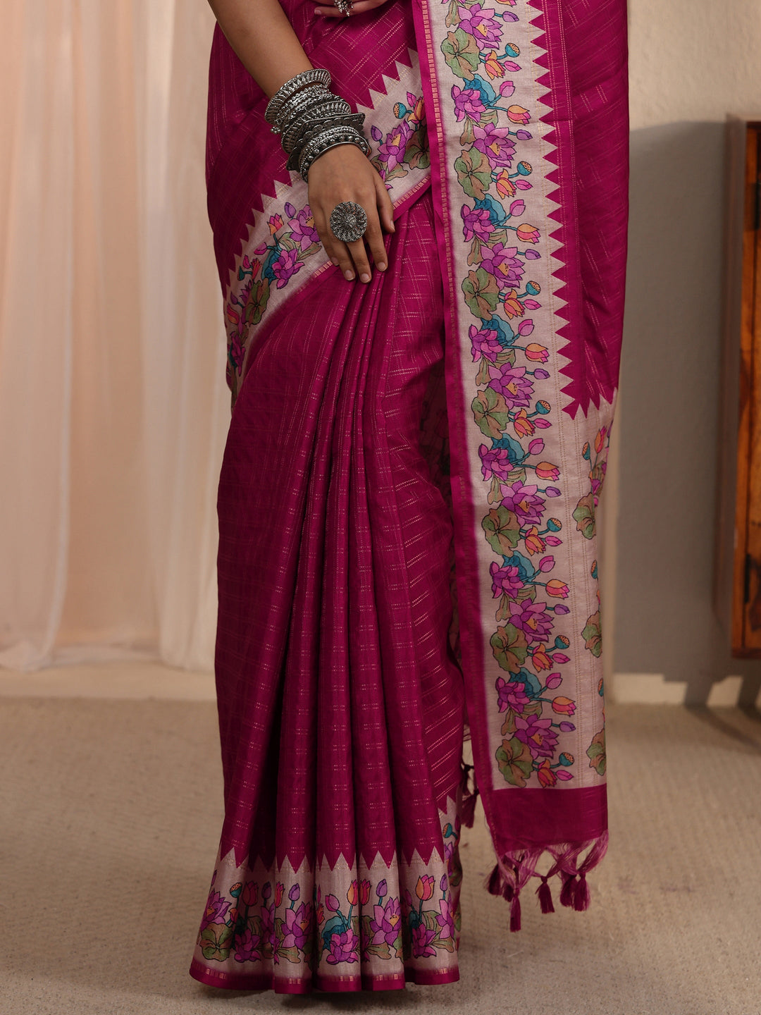  Libas Mauve Woven Design Silk Blend Tassel Saree with Floral Border 