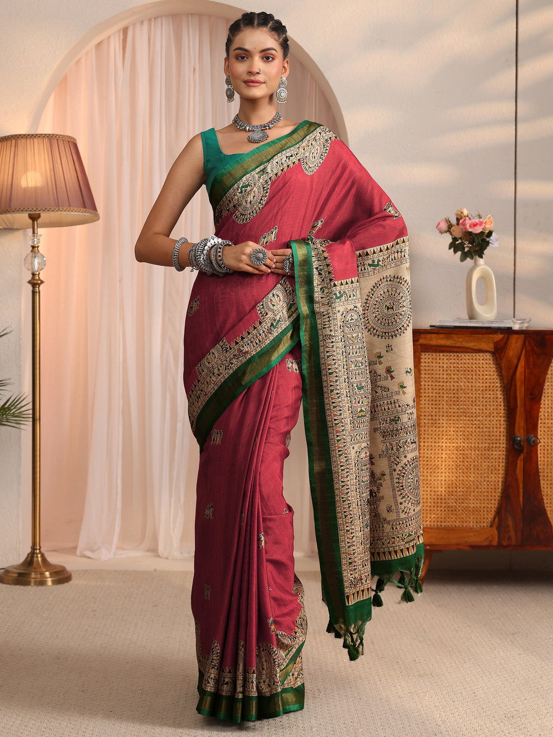  Libas Rust and Green Warli Printed Silk Blend Tassel Saree 