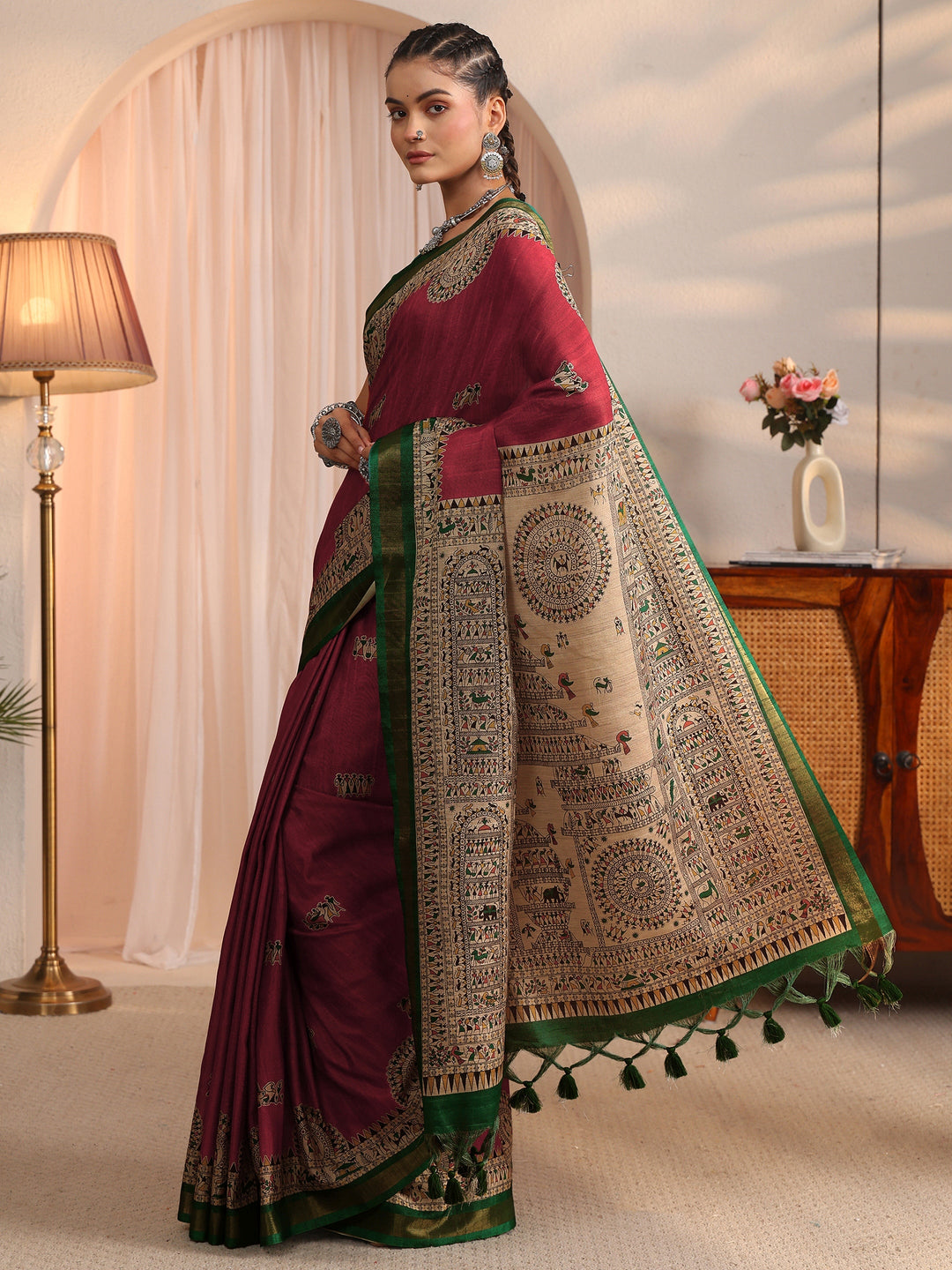  Libas Rust and Green Warli Printed Silk Blend Tassel Saree 