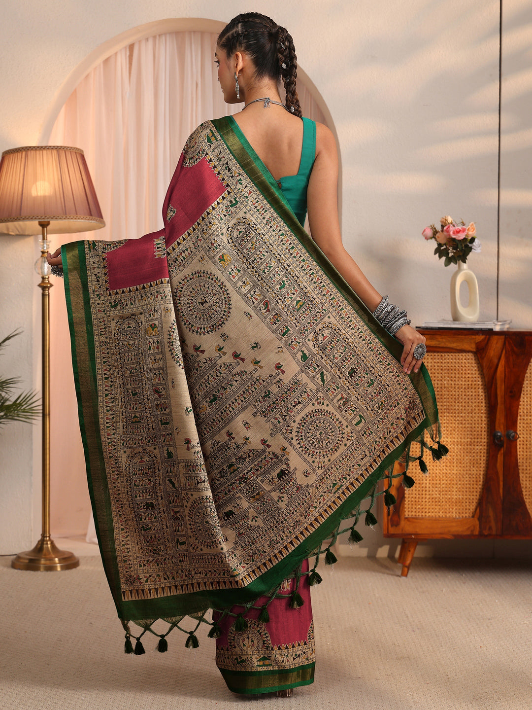  Libas Rust and Green Warli Printed Silk Blend Tassel Saree 