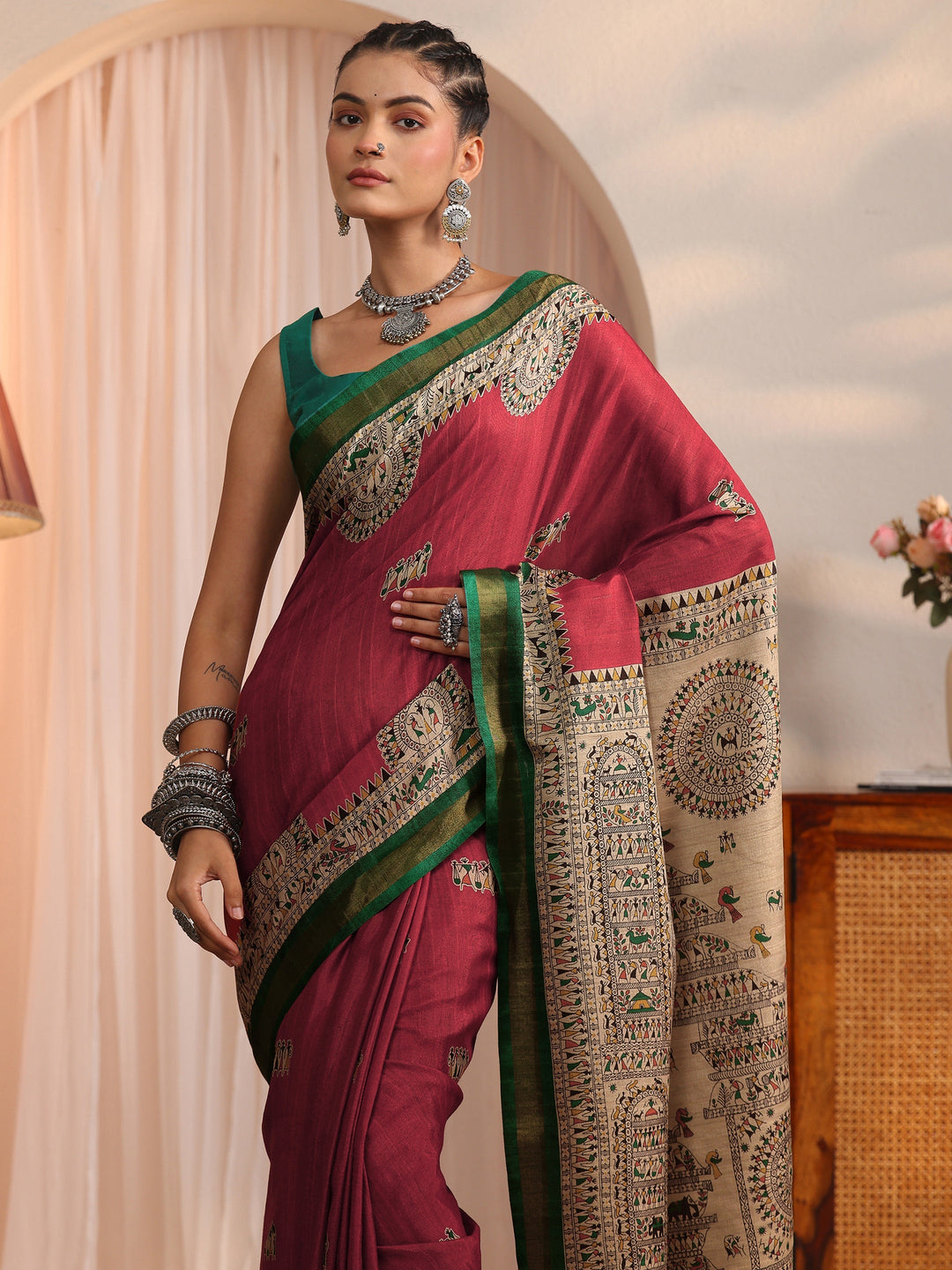  Libas Rust and Green Warli Printed Silk Blend Tassel Saree 