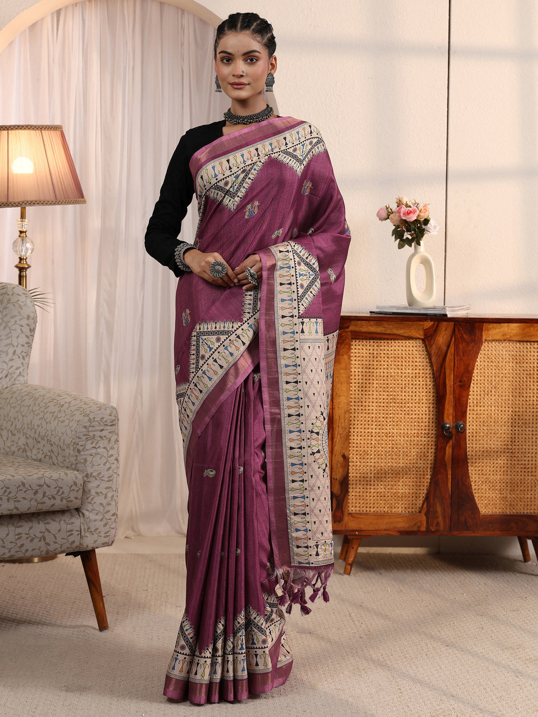  Libas Purple Warli Printed Silk Blend Tassel Saree 