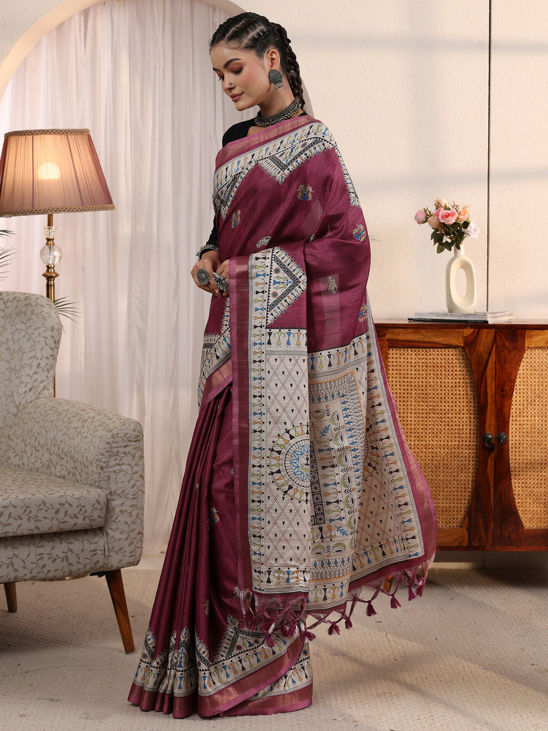  Libas Purple Warli Printed Silk Blend Tassel Saree 