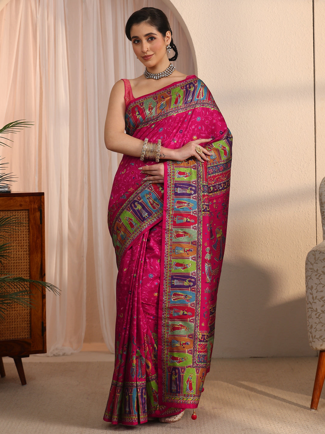  Libas Rani Pink Mughal Printed Silk Blend Saree 