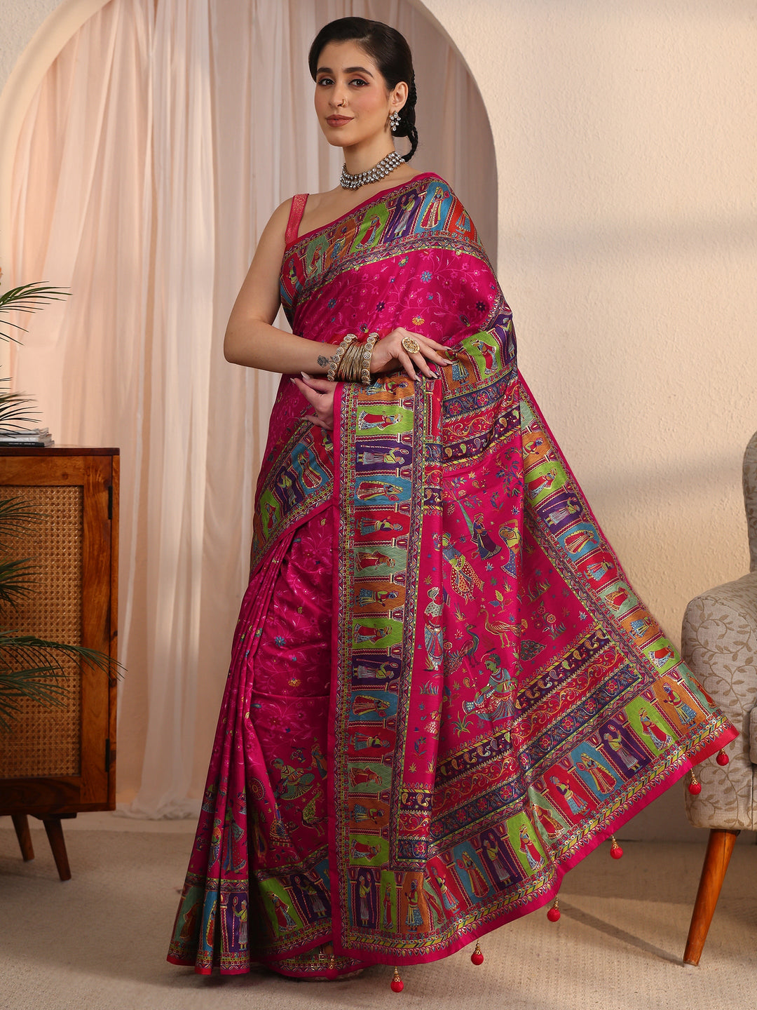  Libas Rani Pink Mughal Printed Silk Blend Saree 