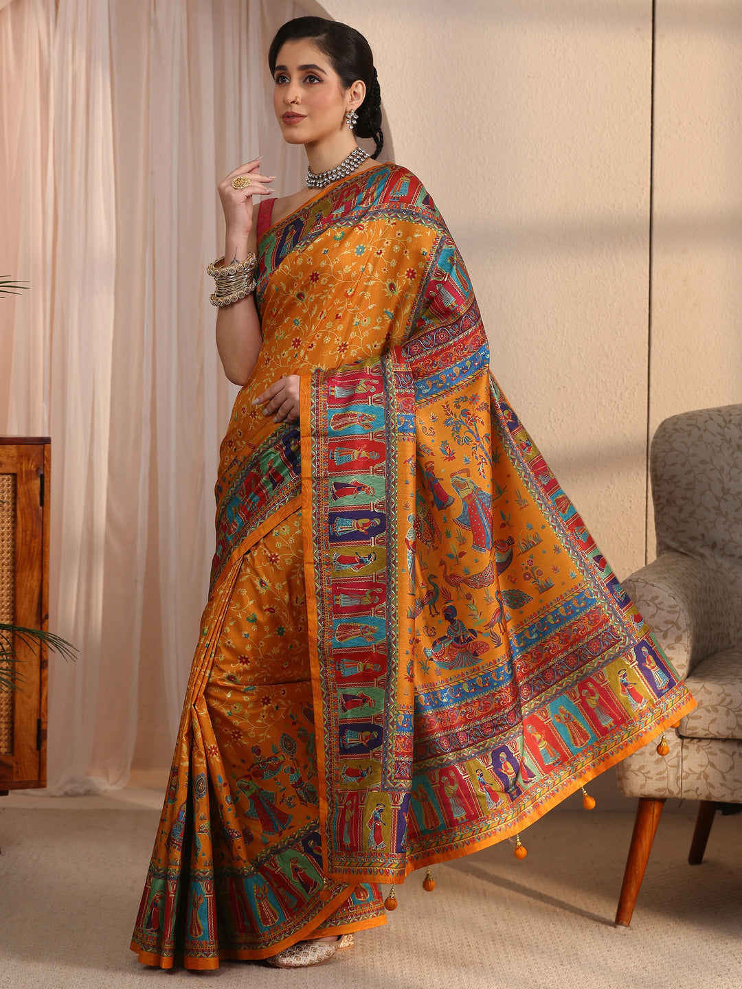 Libas Mustard Mughal Printed Silk Blend Saree 