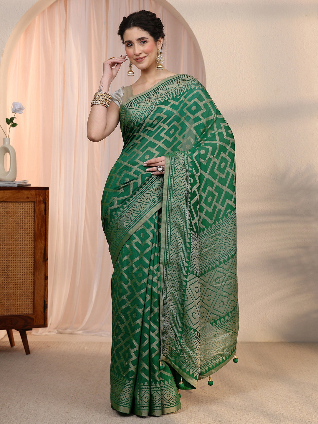  Libas Green Woven Design Silk Blend Saree 