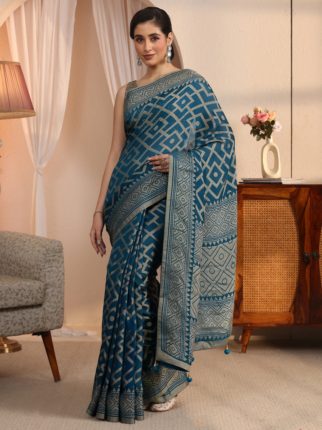  Libas Blue Geometric Woven Design Silk Blend Saree 
