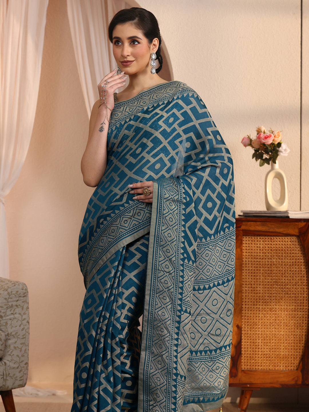  Libas Blue Geometric Woven Design Silk Blend Saree 