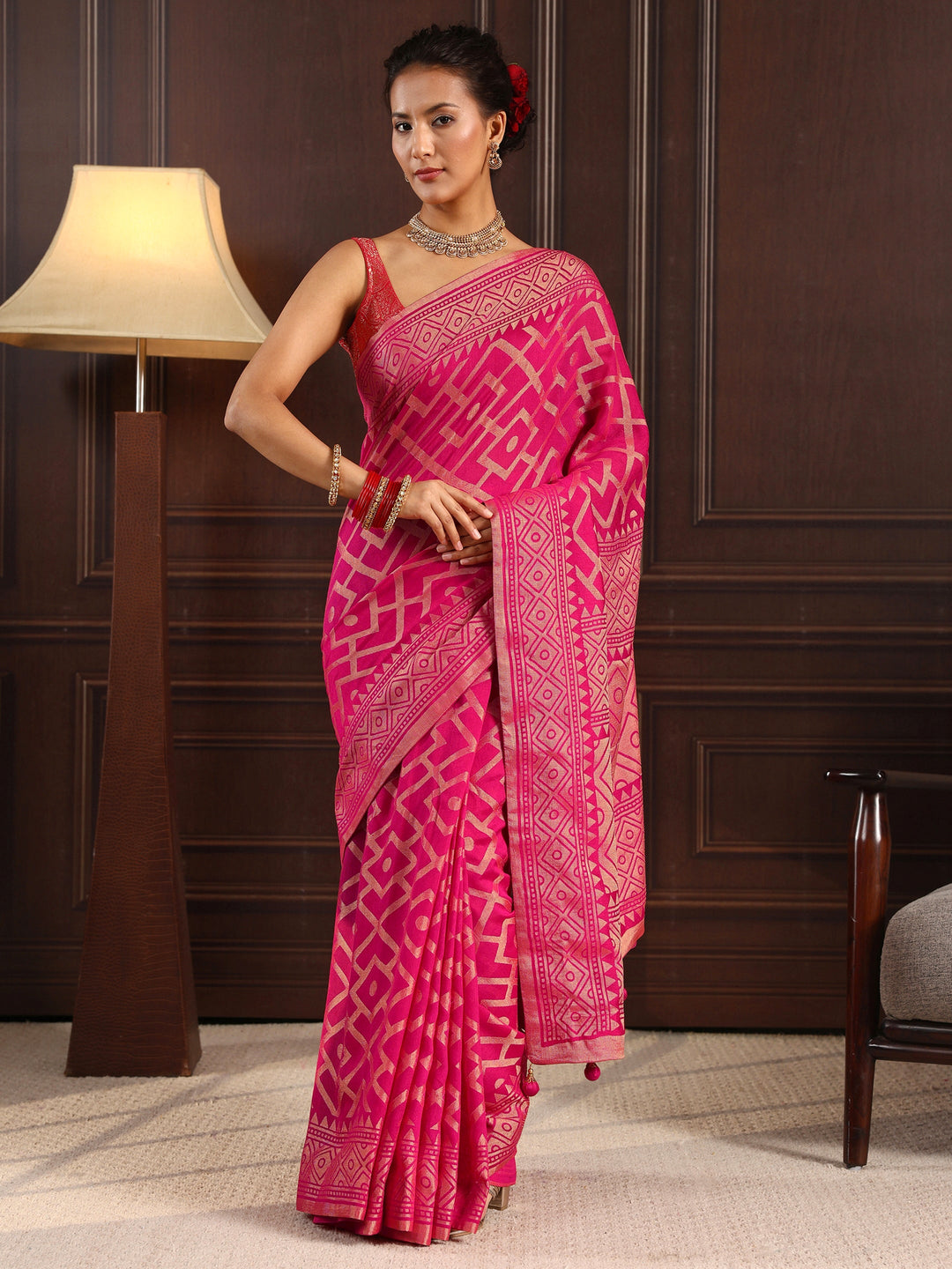  Libas Pink Geometric Woven Design Silk Blend Saree 