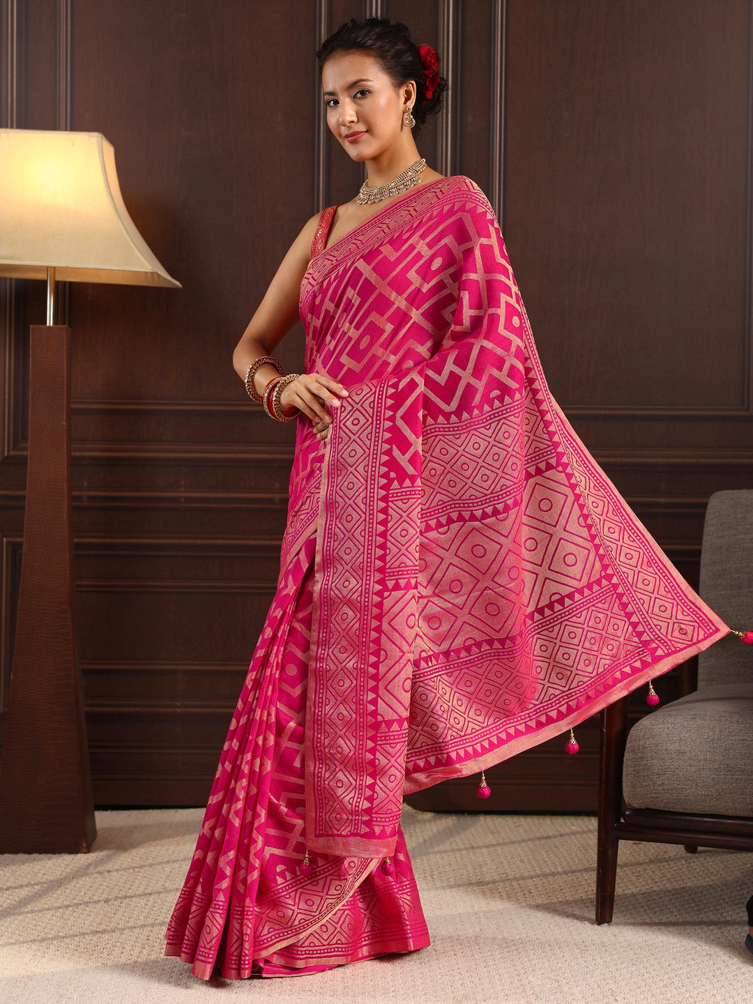  Libas Pink Geometric Woven Design Silk Blend Saree 