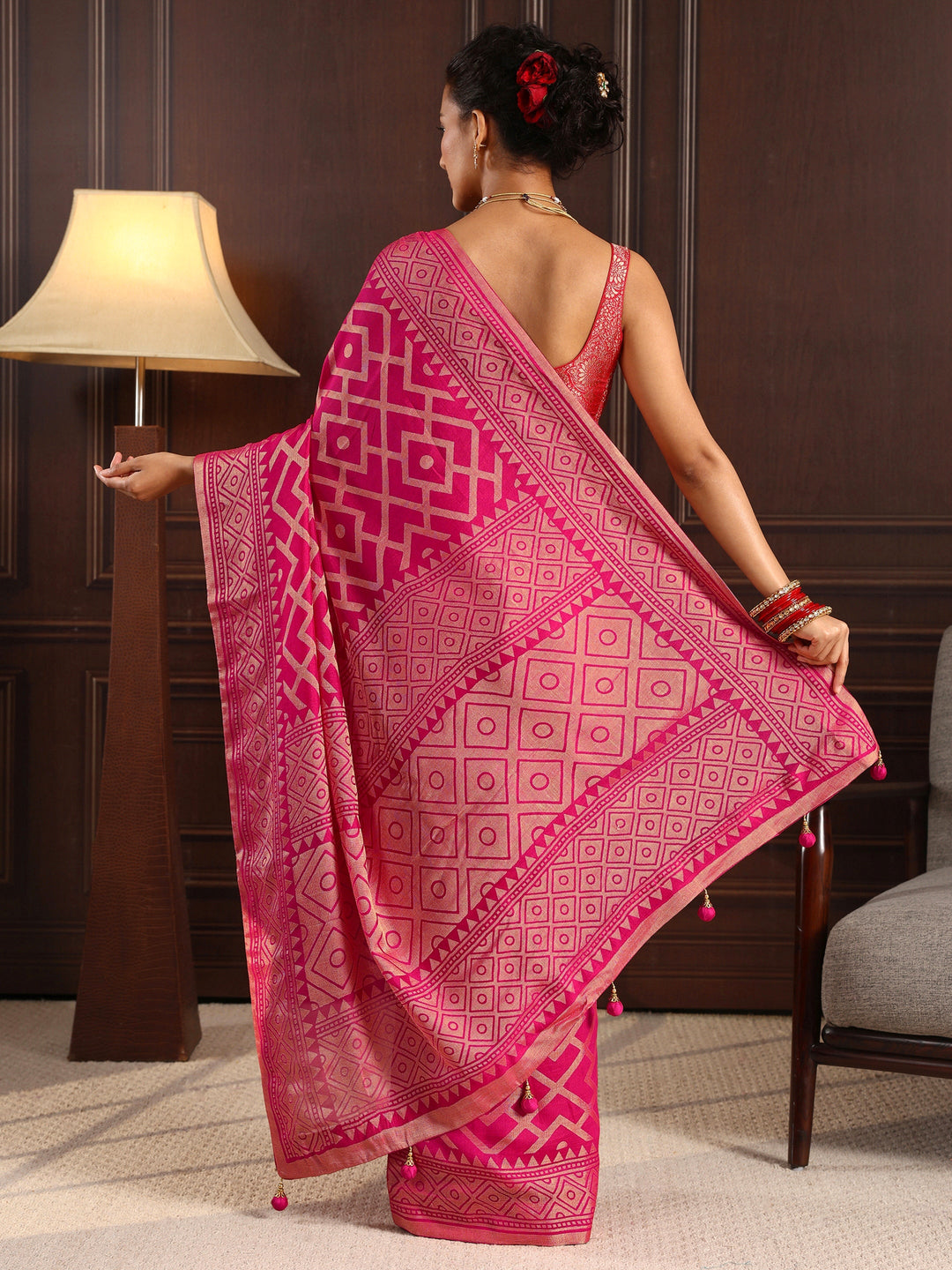  Libas Pink Geometric Woven Design Silk Blend Saree 