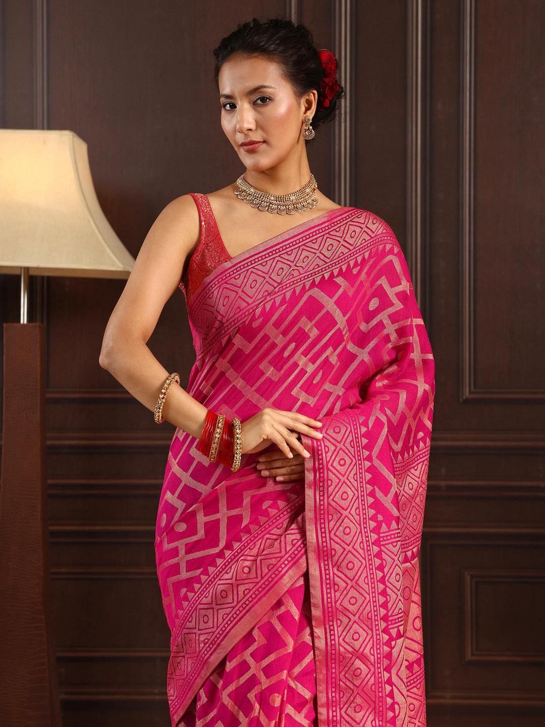  Libas Pink Geometric Woven Design Silk Blend Saree 