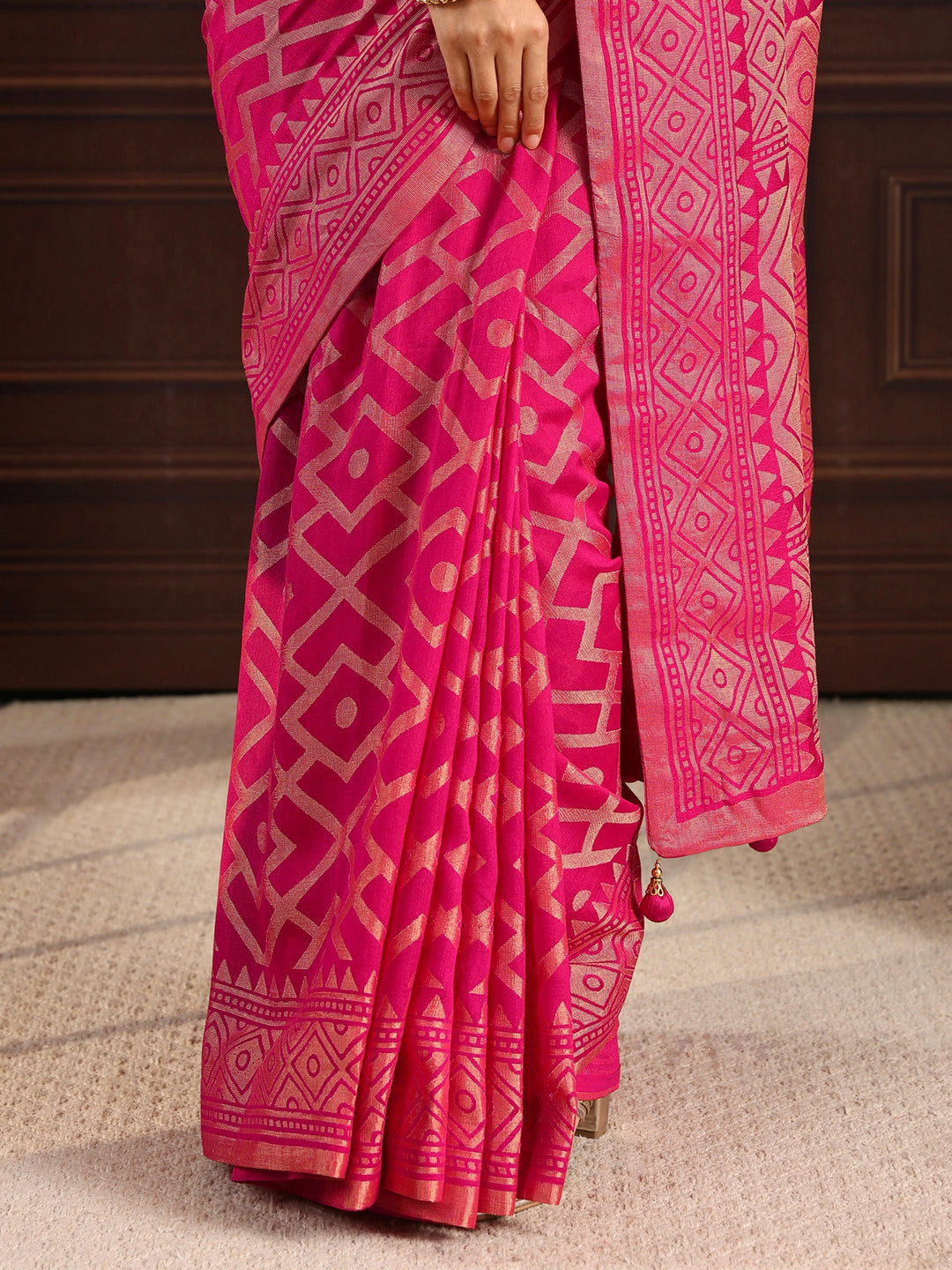  Libas Pink Geometric Woven Design Silk Blend Saree 