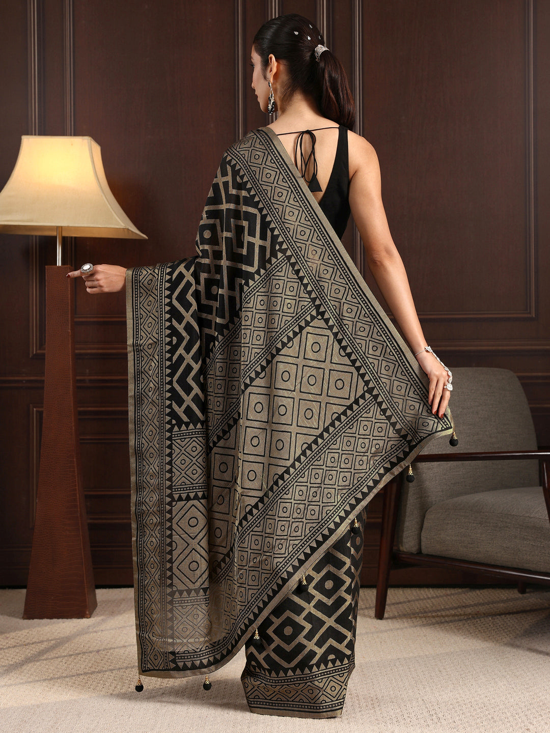  Libas Black Geometric Woven Design Silk Blend Saree 