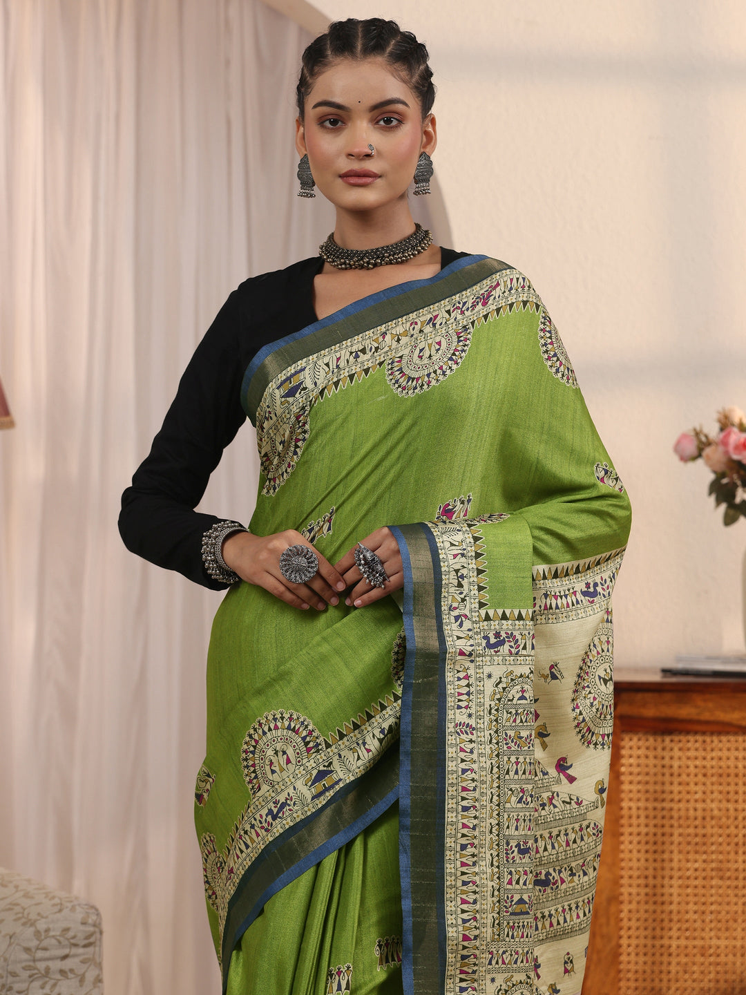  Libas Green Warli Printed Silk Blend Tassel Saree 