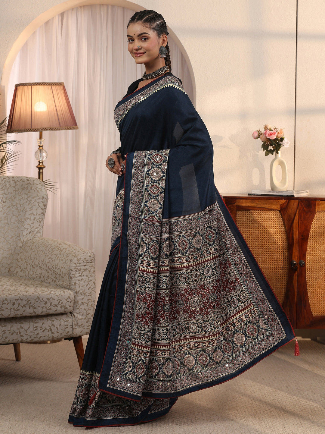  Libas Purple Ajrakh Printed Silk Blend Saree 