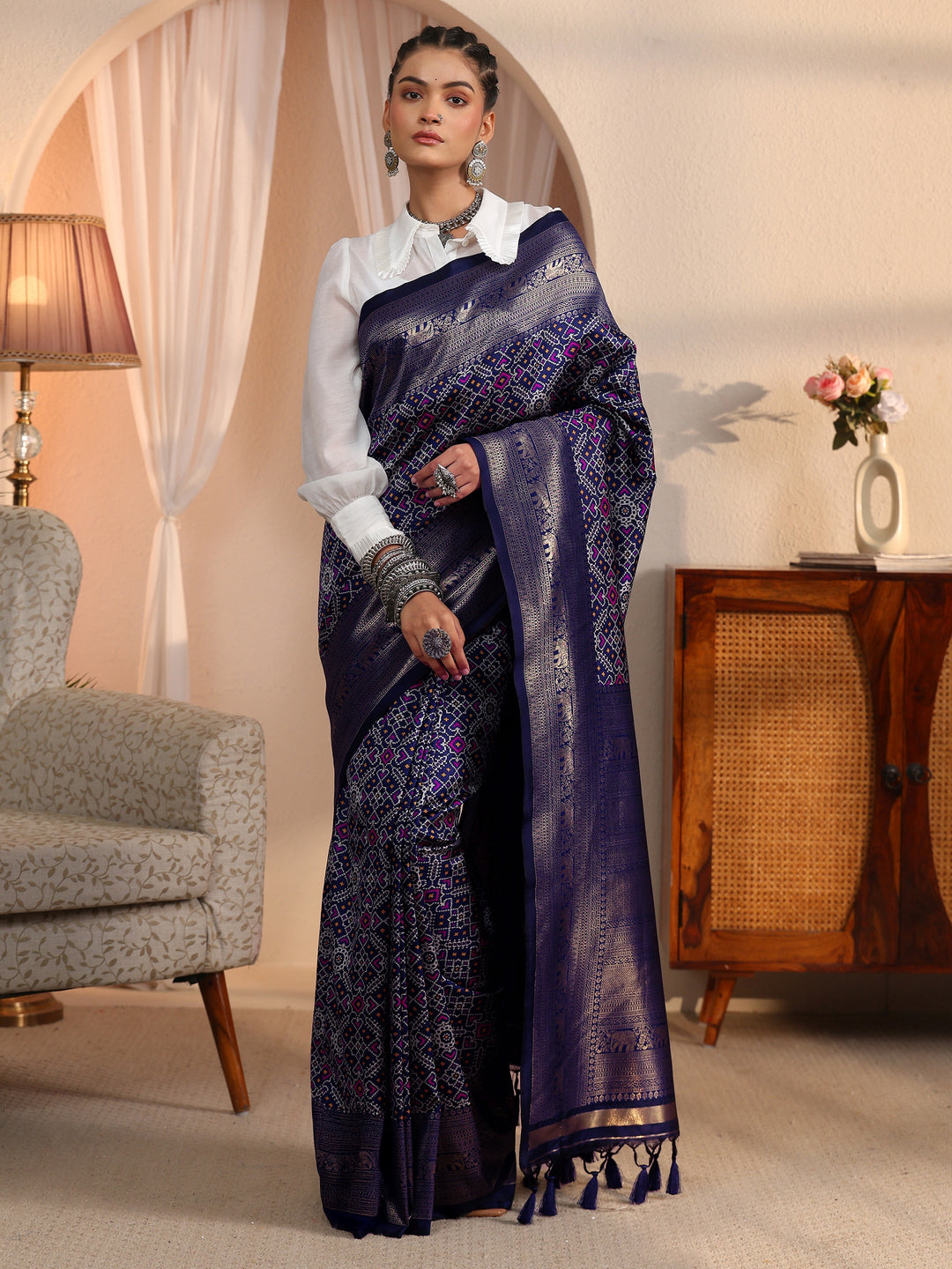  Libas Art Navy Blue Brocade Tassel Saree 