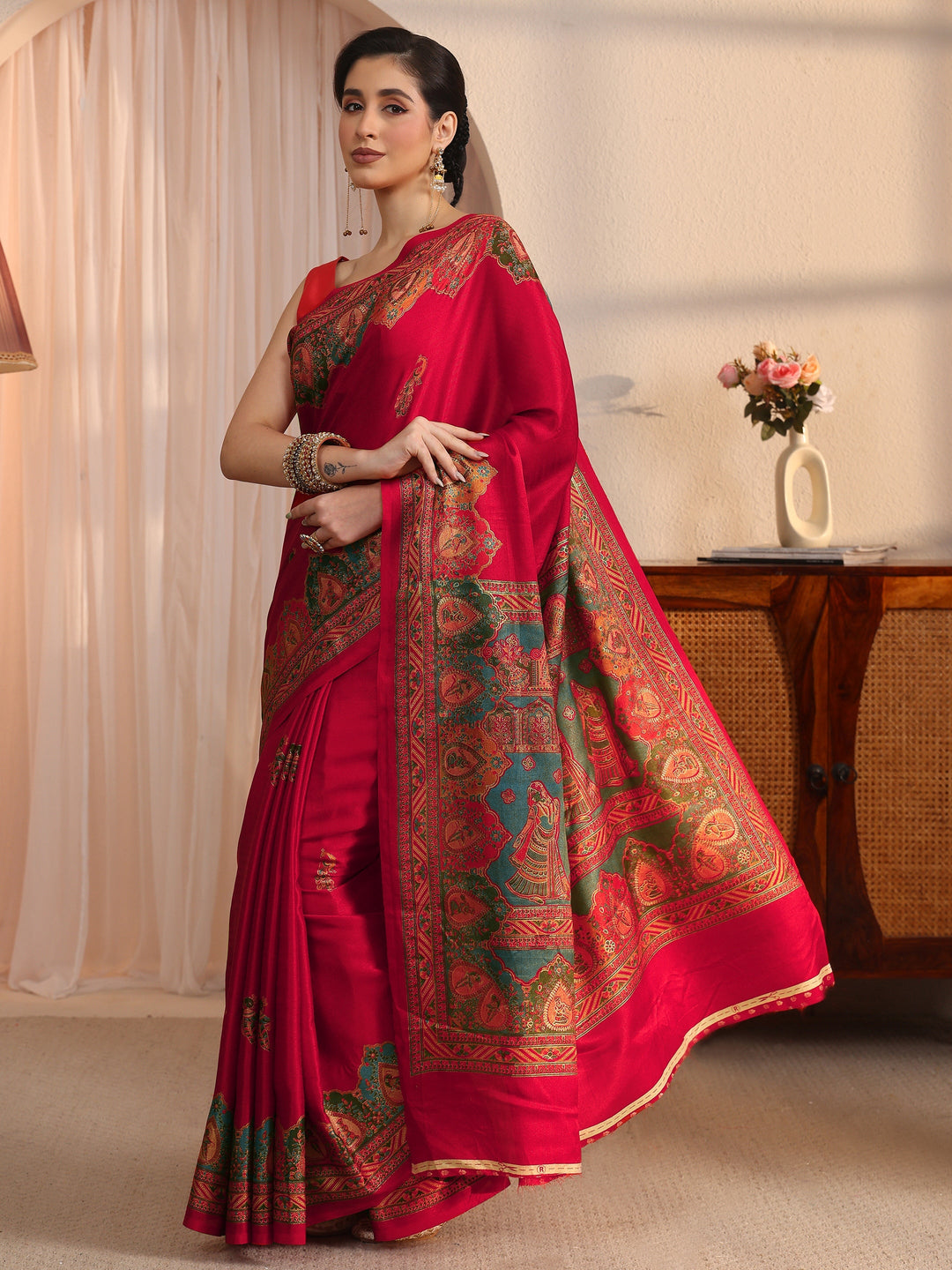  Libas Red Mughal Printed Silk Saree 