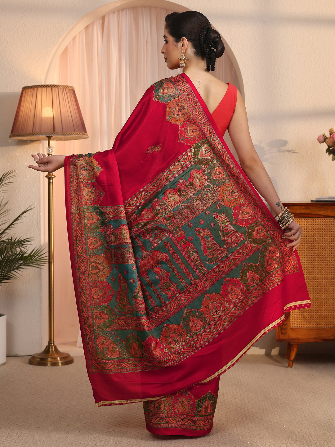  Libas Red Mughal Printed Silk Saree 