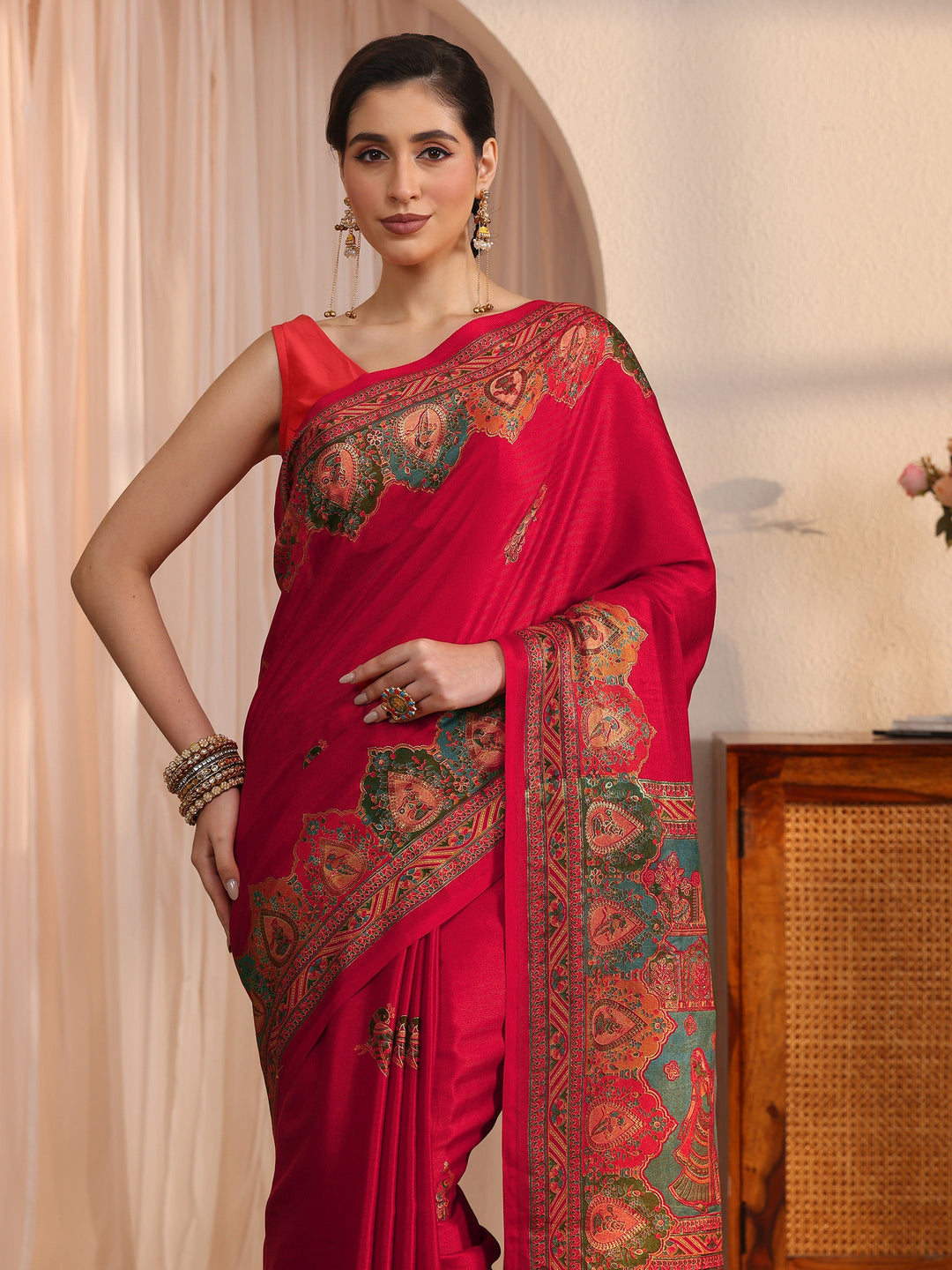  Libas Red Mughal Printed Silk Saree 