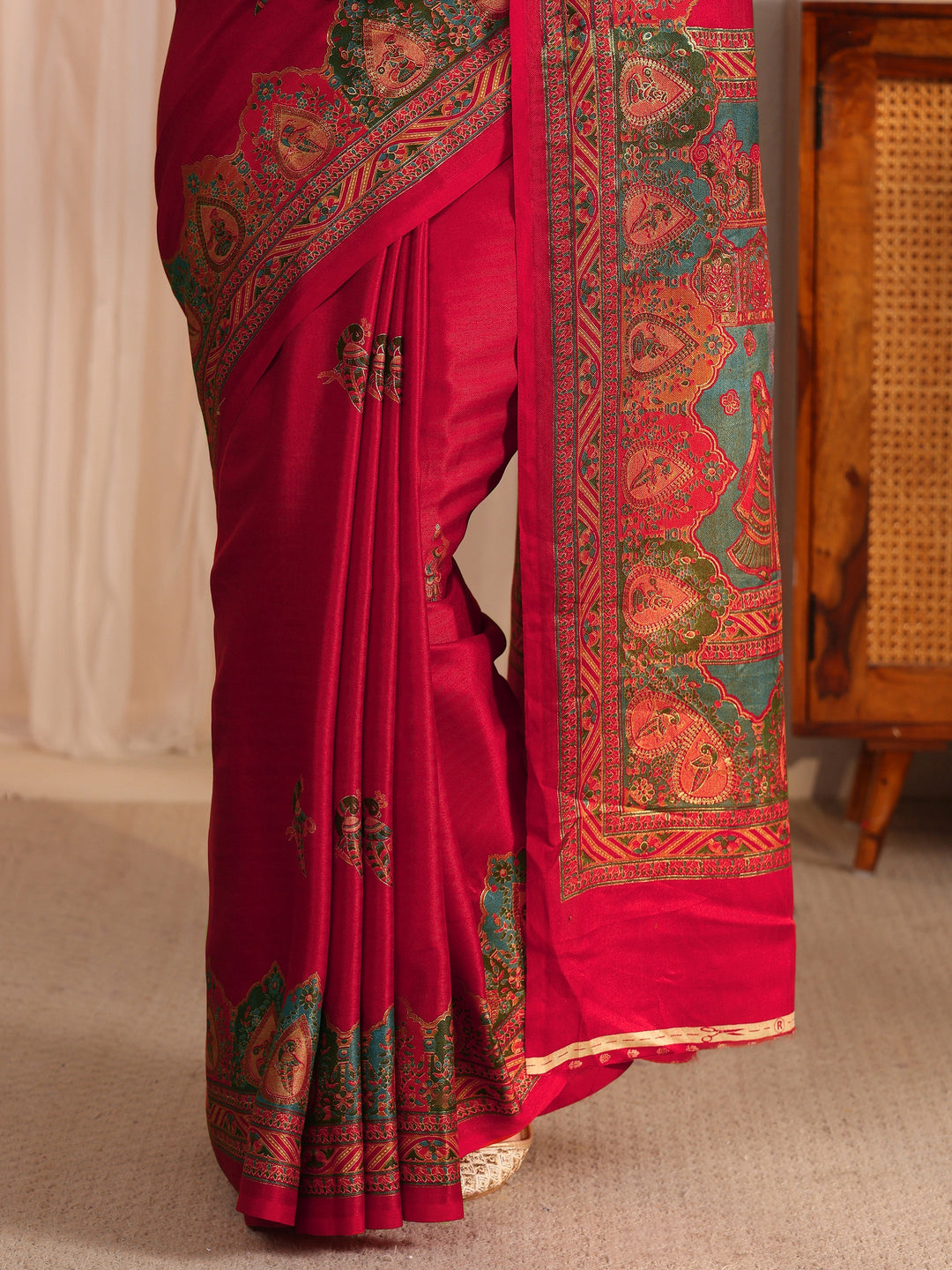  Libas Red Mughal Printed Silk Saree 