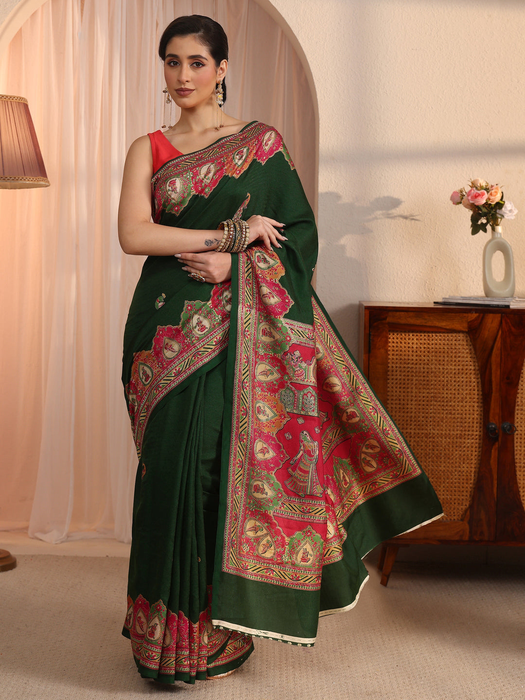  Libas Green Mughal Printed Silk Saree 
