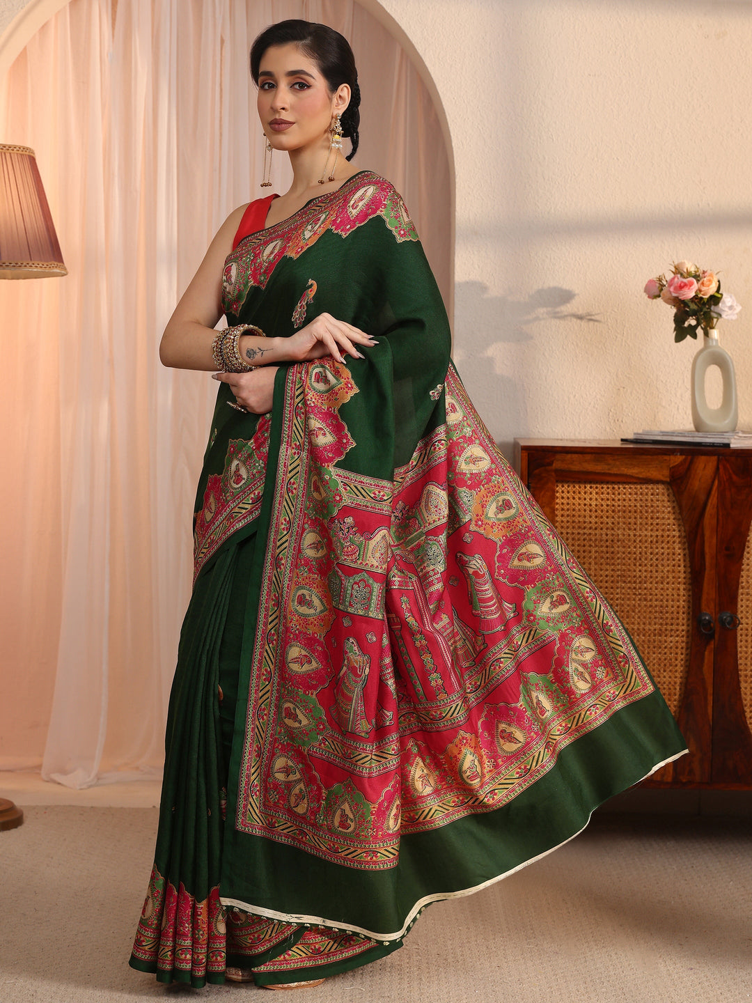  Libas Green Mughal Printed Silk Saree 