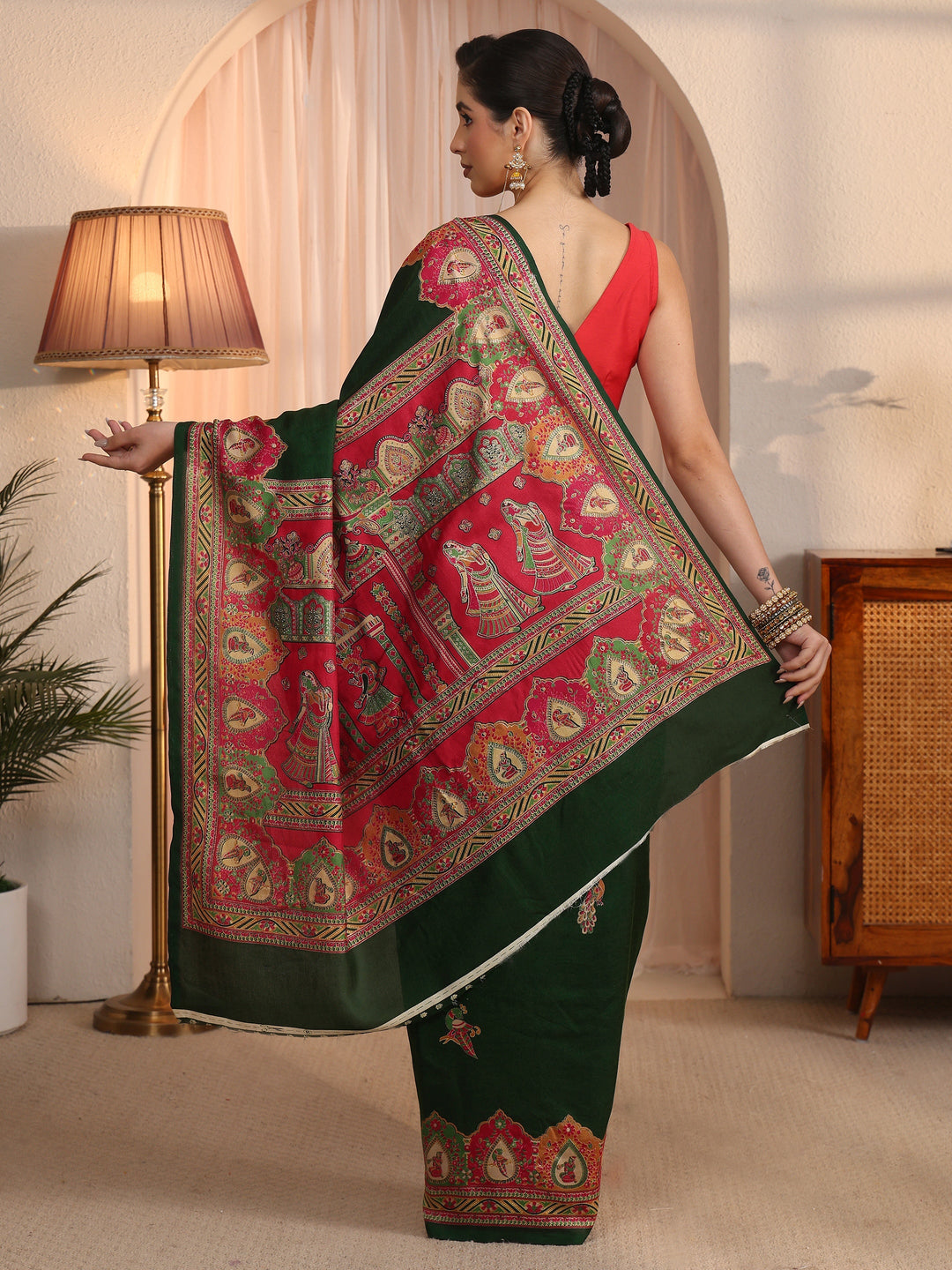  Libas Green Mughal Printed Silk Saree 
