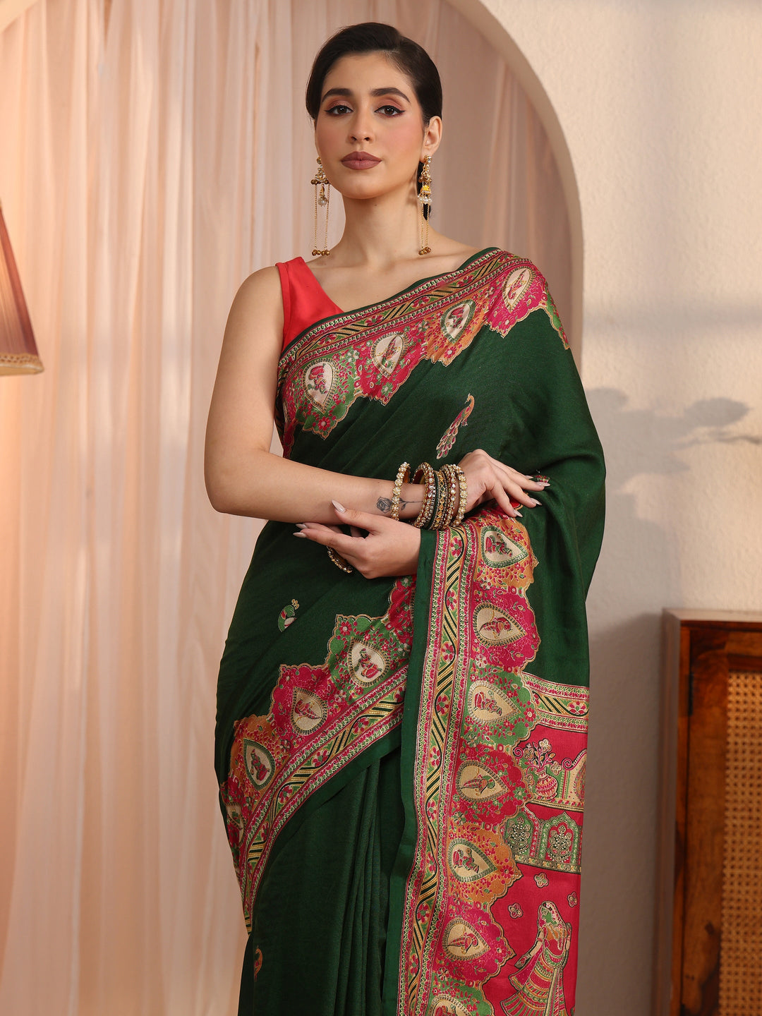  Libas Green Mughal Printed Silk Saree 