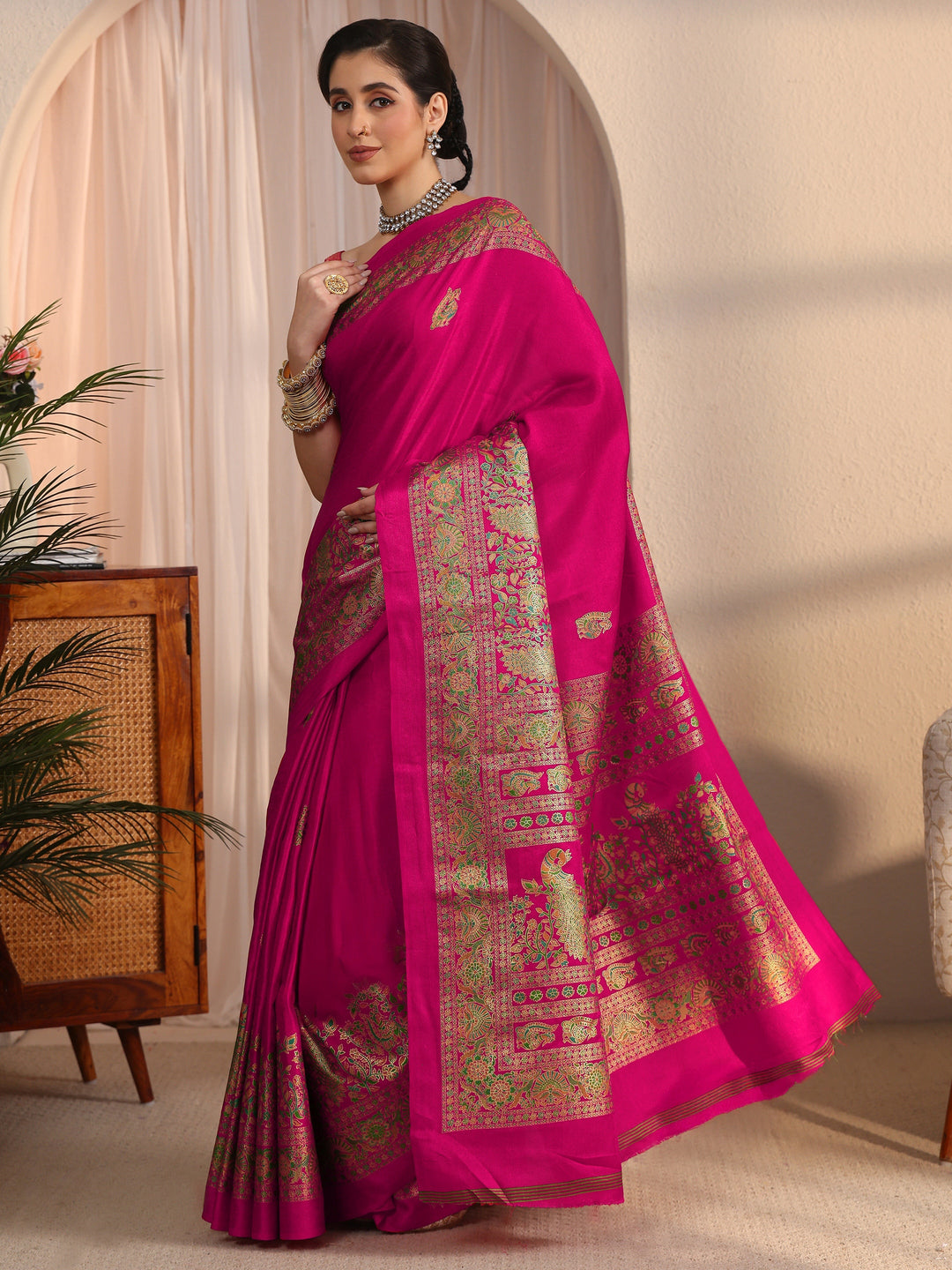  Libas Fuchsia Pink Floral Printed Silk Saree 