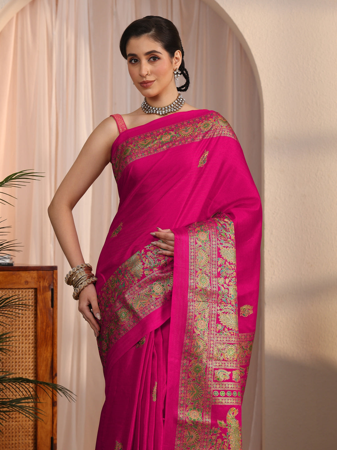  Libas Fuchsia Pink Floral Printed Silk Saree 
