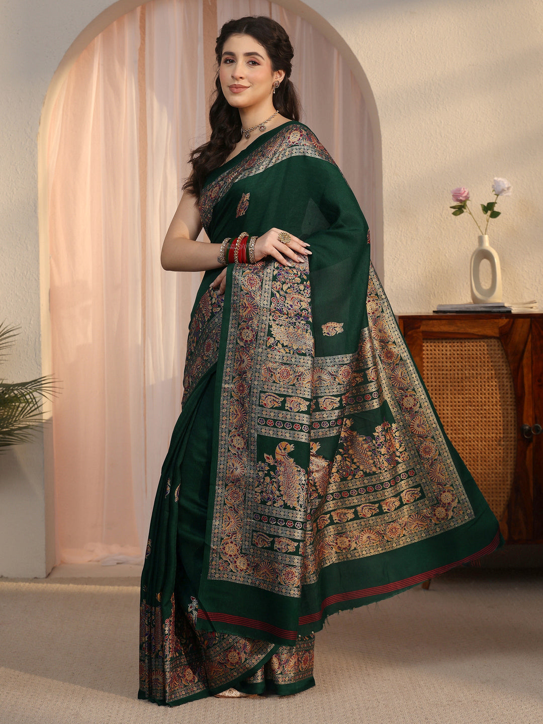  Libas Dark Green Peacock Printed Silk Saree 