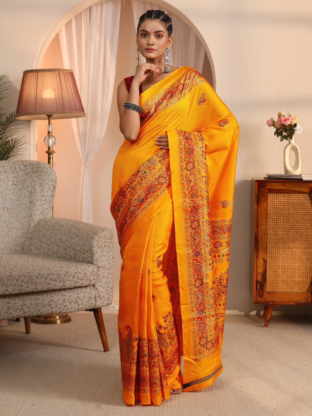  Libas Mustard Floral Printed Silk Saree 