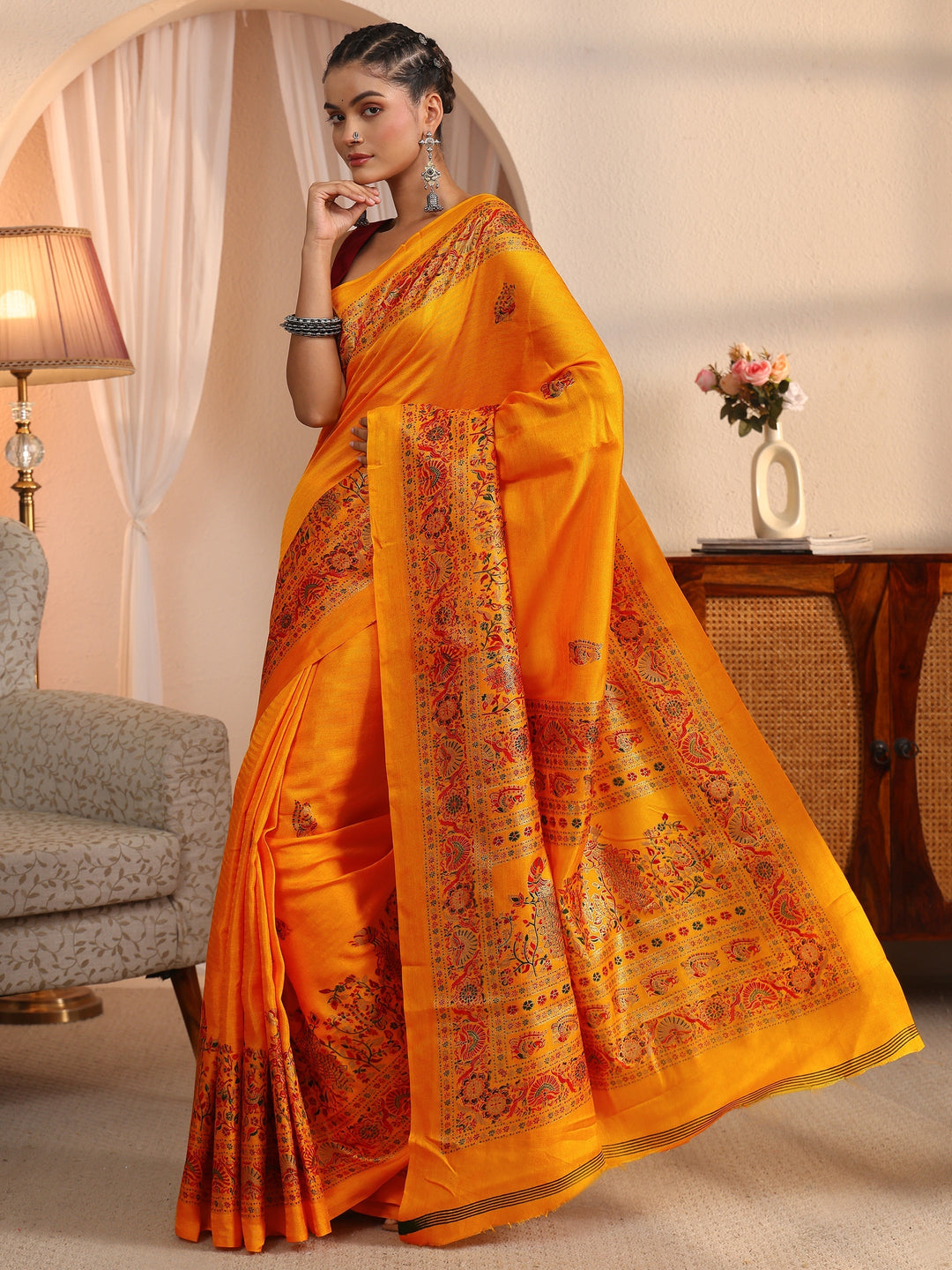  Libas Mustard Floral Printed Silk Saree 