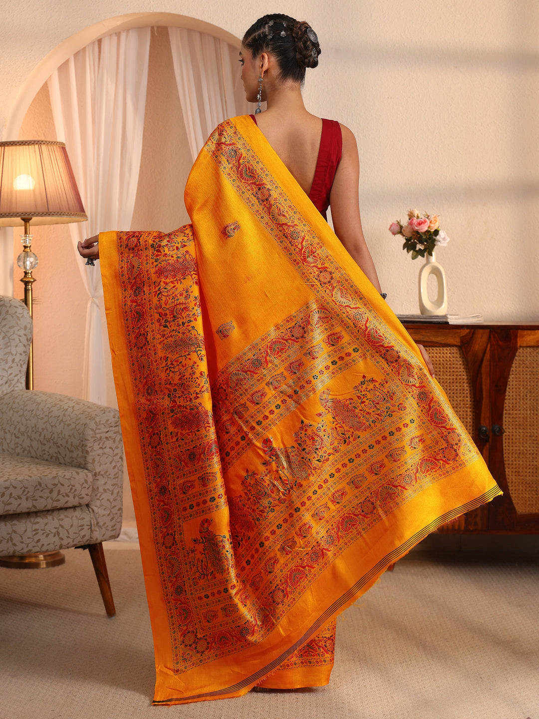  Libas Mustard Floral Printed Silk Saree 