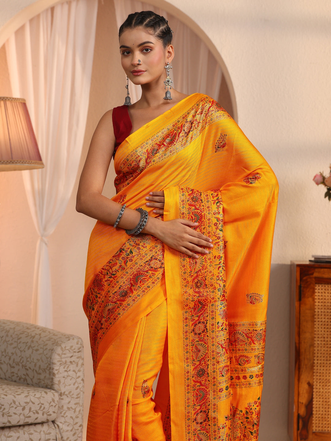  Libas Mustard Floral Printed Silk Saree 