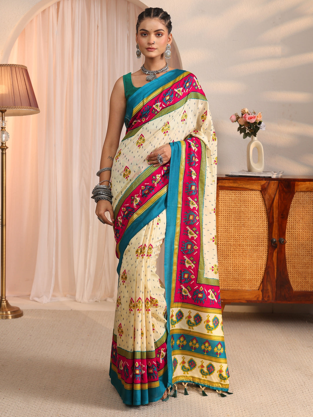  Libas Cream Patola Printed Silk Blend Saree 