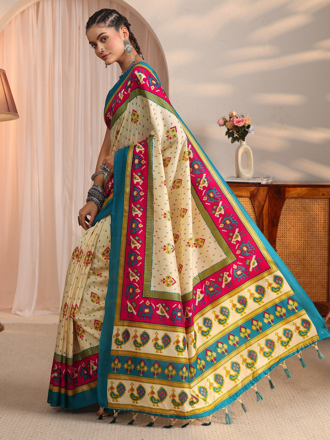  Libas Cream Patola Printed Silk Blend Saree 