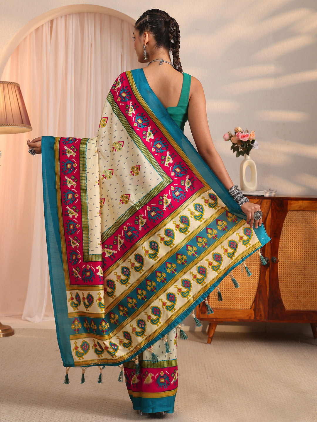  Libas Cream Patola Printed Silk Blend Saree 