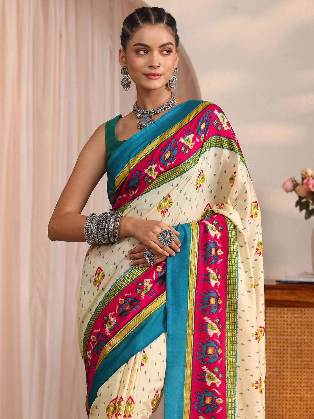  Libas Cream Patola Printed Silk Blend Saree 