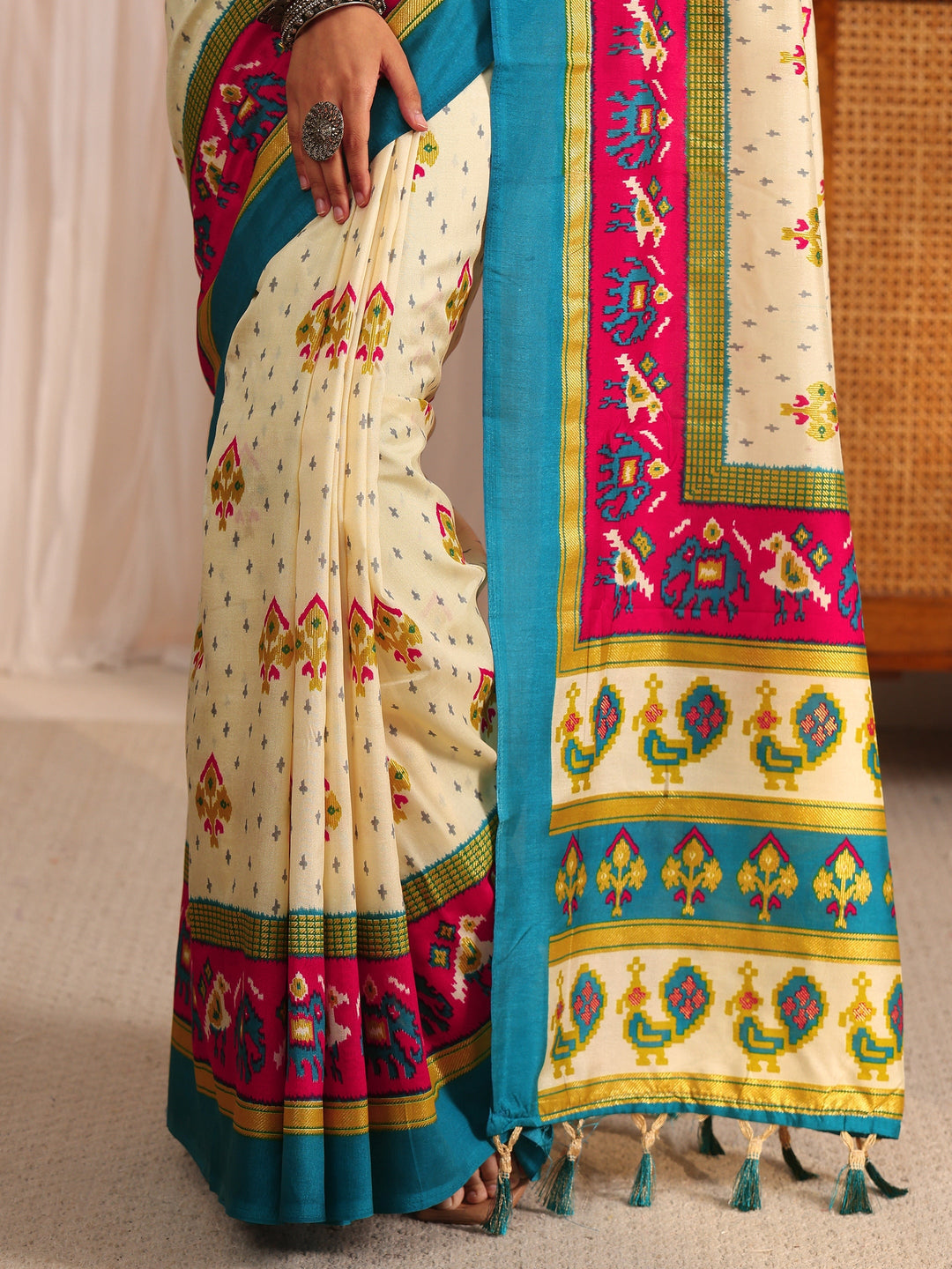  Libas Cream Patola Printed Silk Blend Saree 