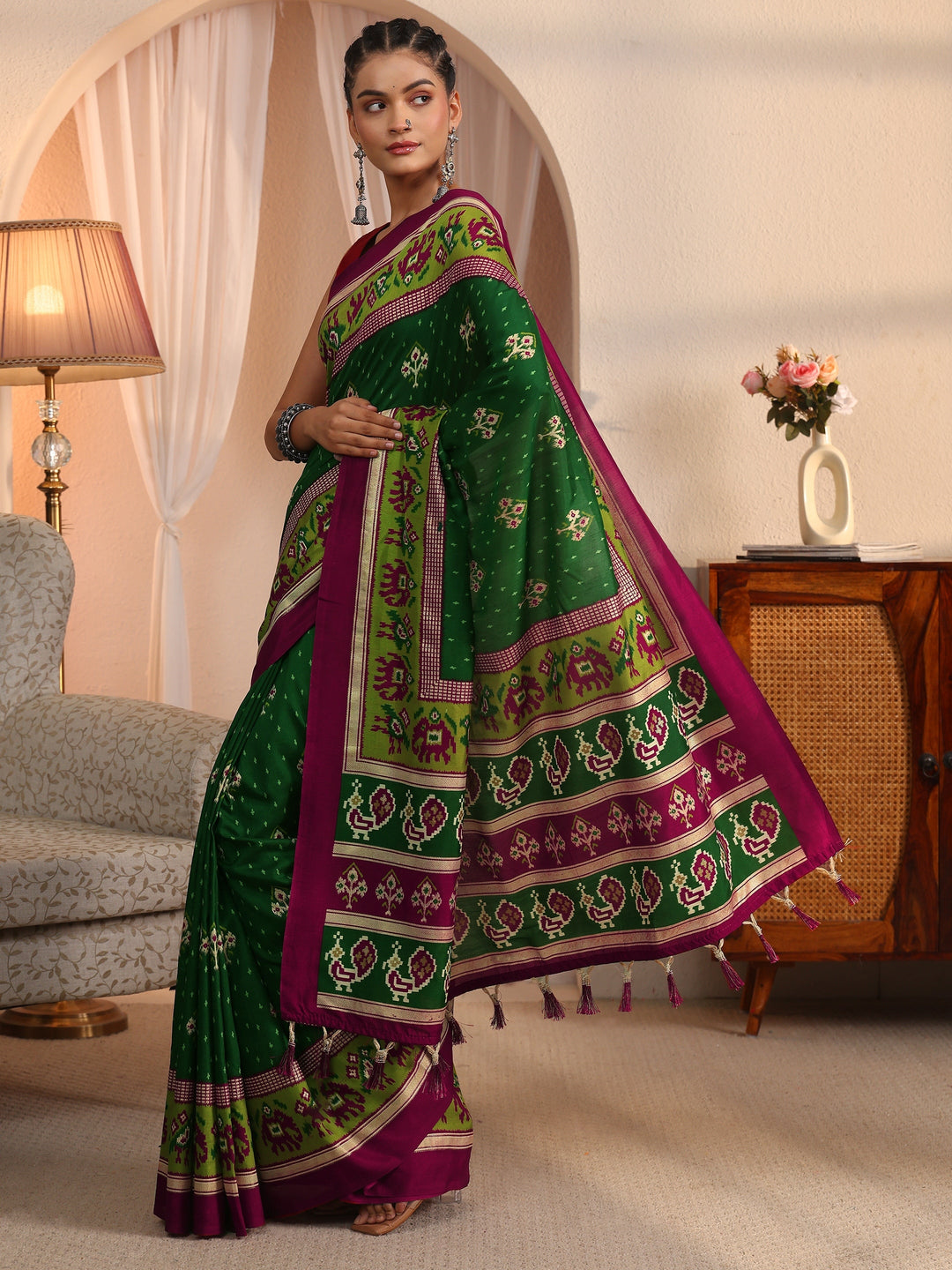  Libas Green Patola Printed Silk Blend Saree 