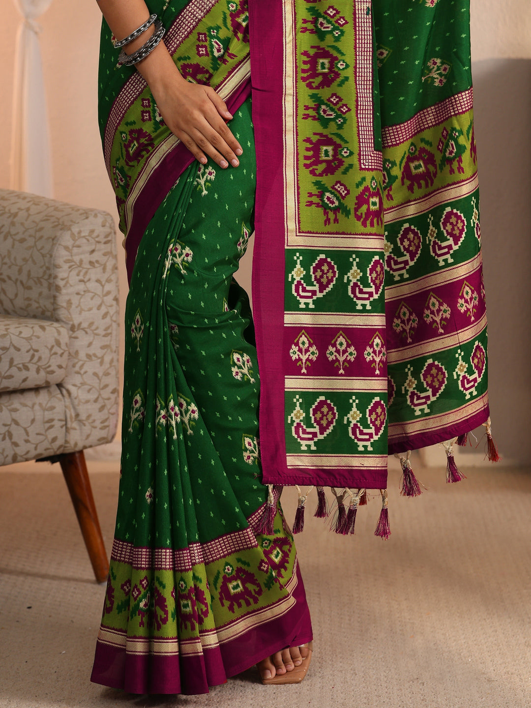  Libas Green Patola Printed Silk Blend Saree 