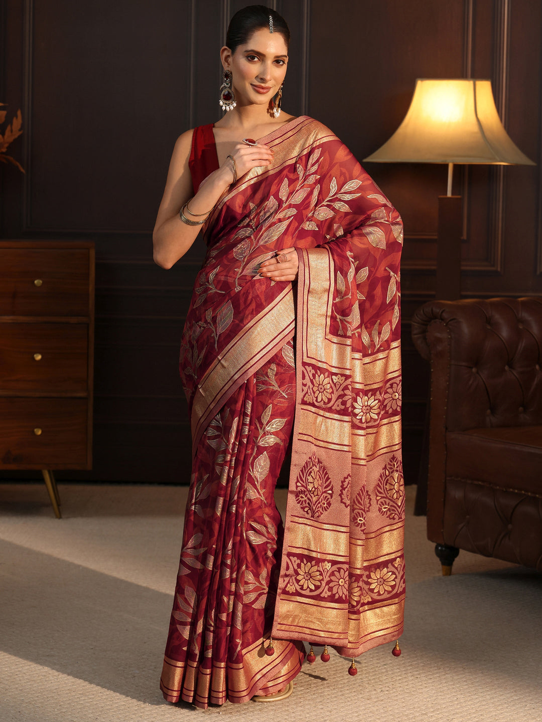  Libas Rust Floral Foil Printed Silk Blend Saree 