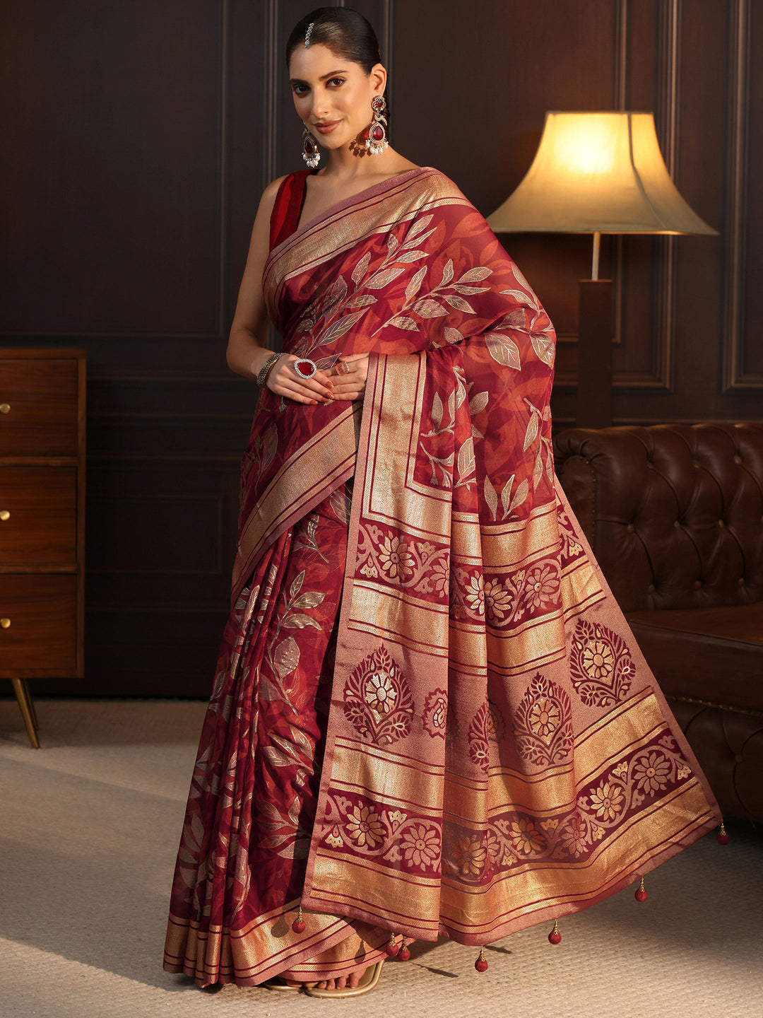  Libas Rust Floral Foil Printed Silk Blend Saree 