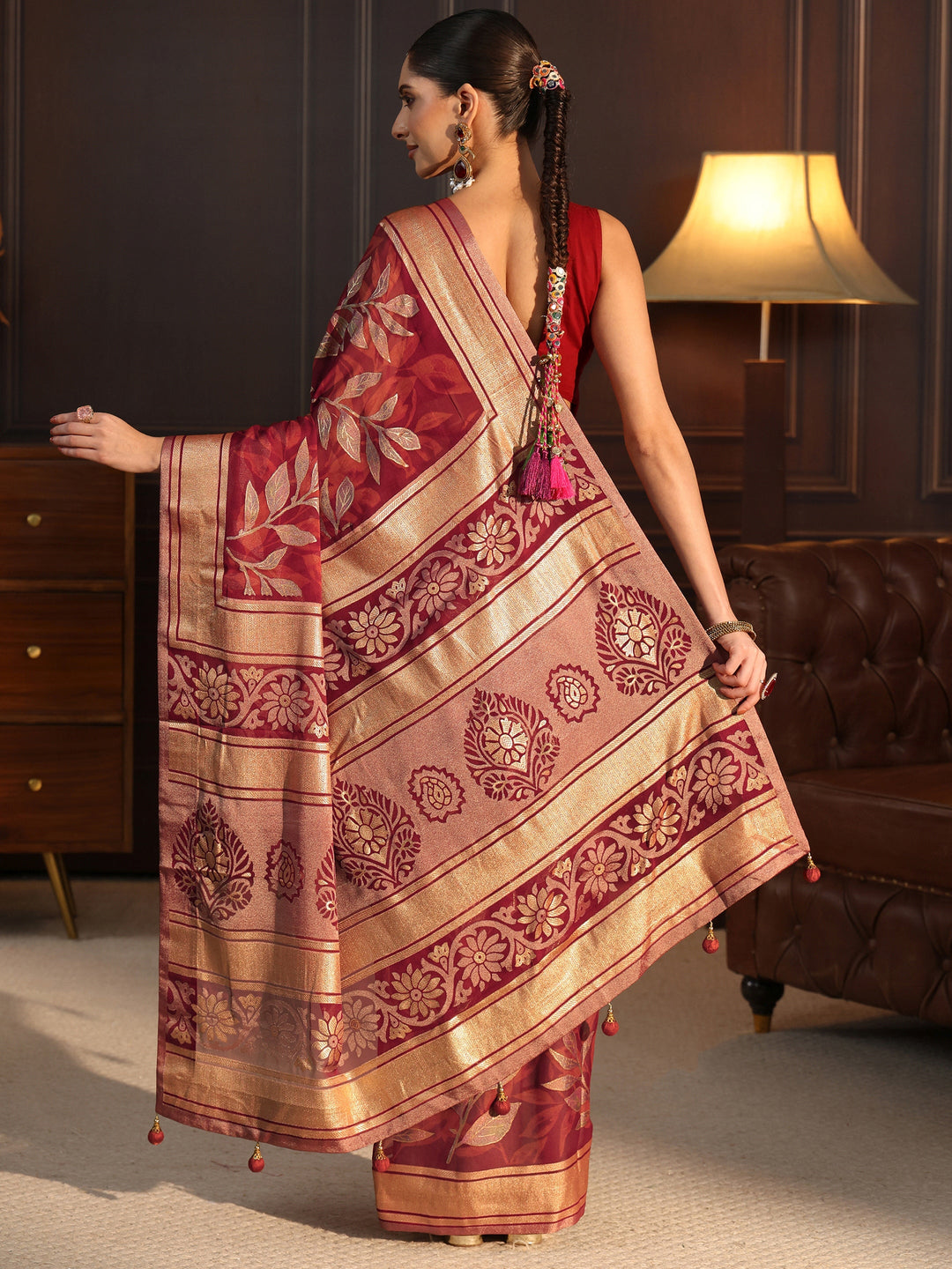  Libas Rust Floral Foil Printed Silk Blend Saree 