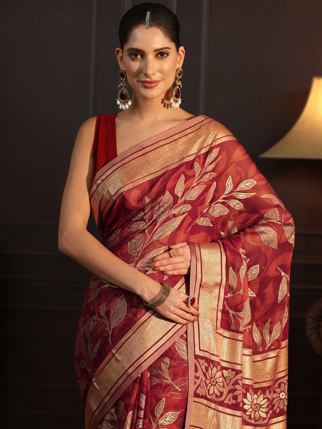  Libas Rust Floral Foil Printed Silk Blend Saree 