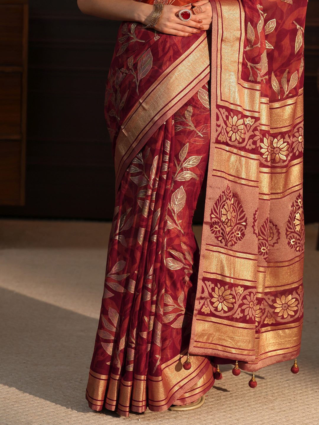  Libas Rust Floral Foil Printed Silk Blend Saree 